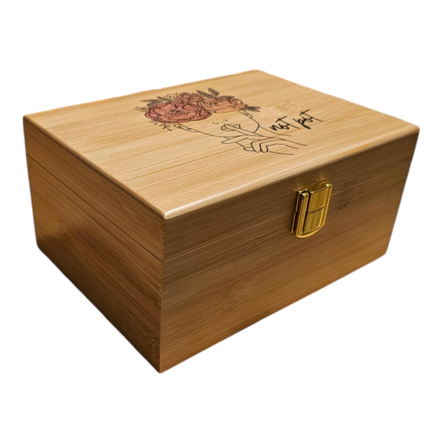 Personalized Flower Lady Keepsake Box: Engraved Wooden Stash Box with Gold Hinges optional personalization