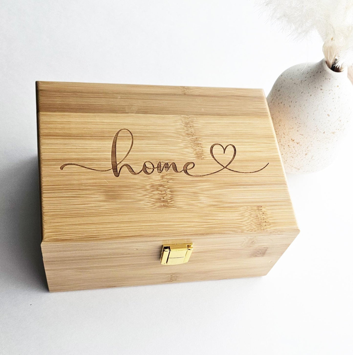 Engraved Bamboo Keepsake Box: Love, Home, Forever - Memory Box optional personalization
