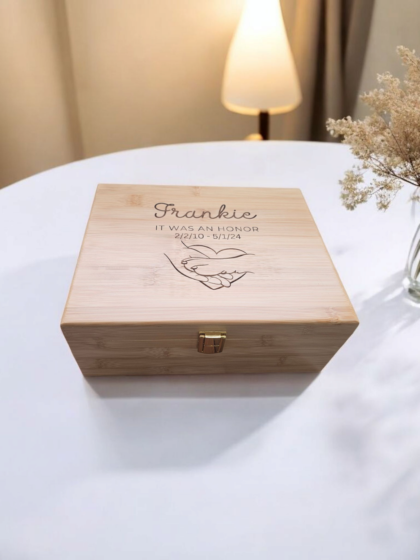 Personalized Dog Memorial Keepsake Box – Wooden Pet Memory Chest | Pine or Bamboo (8x10x4)