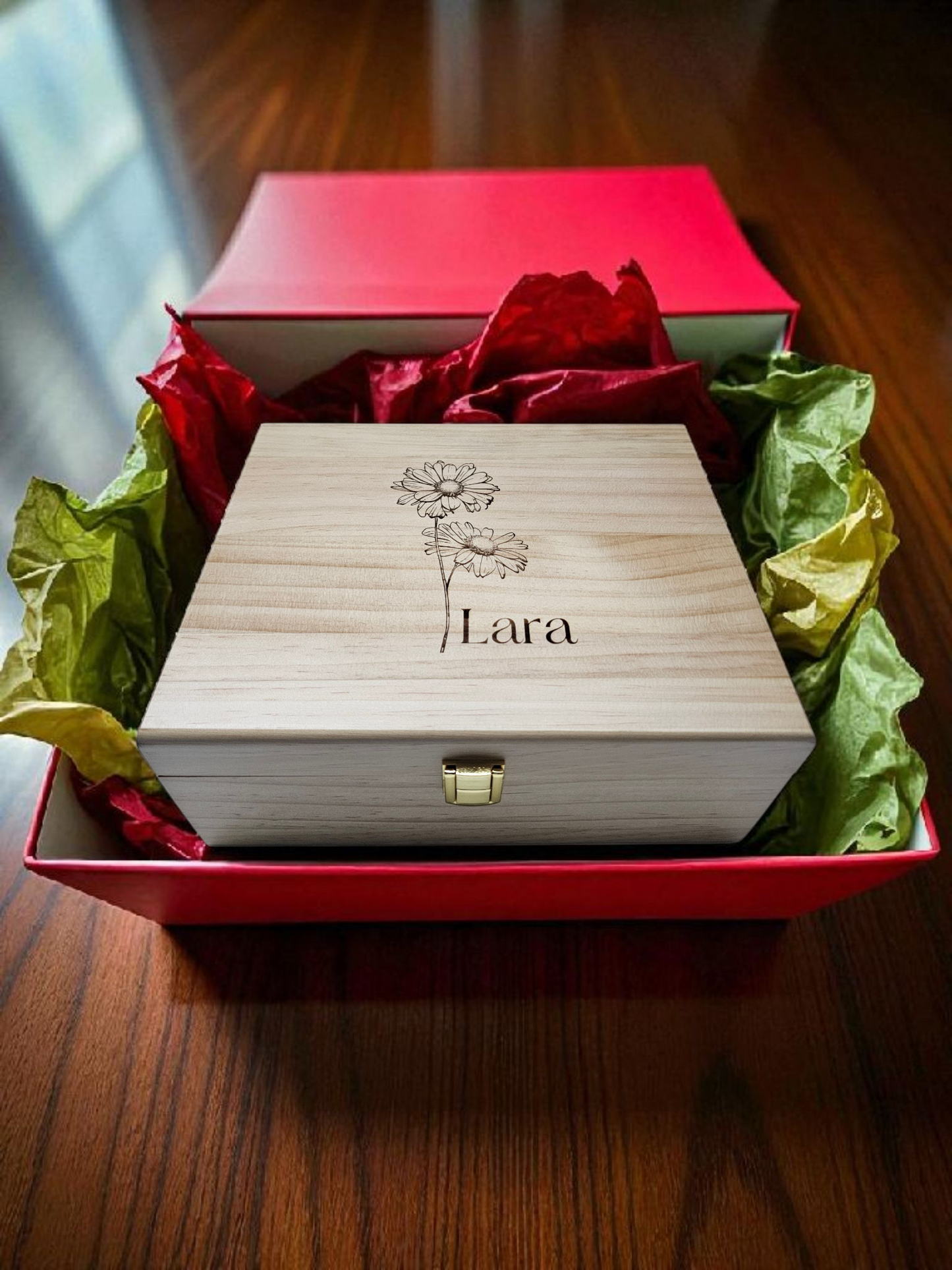 Personalized Birth Flower Keepsake Box – Wooden Memory Box | Pine or Bamboo (8x10x4)