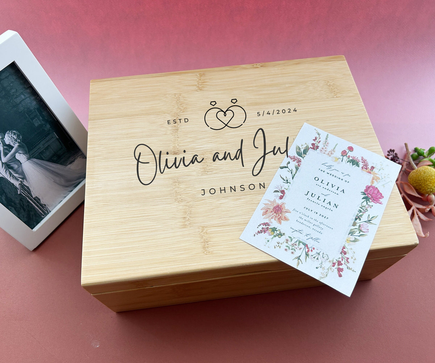 Personalized Wooden Wedding Box: Engraved Memory and Keepsake Box 8x10x4 inches Pine or Bamboo