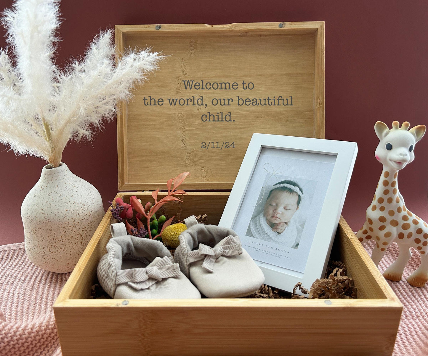 Personalized Birth Flower Keepsake Box – Wooden Memory Box | Pine or Bamboo (8x10x4)