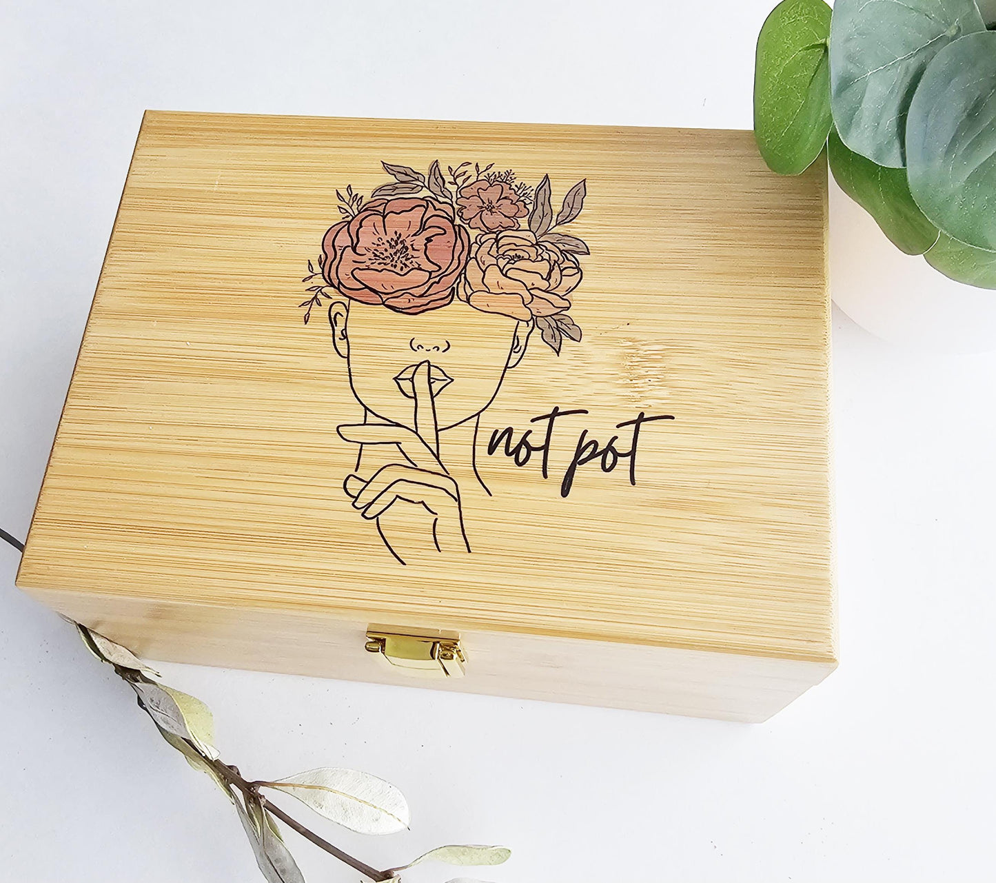 Personalized Flower Lady Keepsake Box: Engraved Wooden Stash Box with Gold Hinges optional personalization