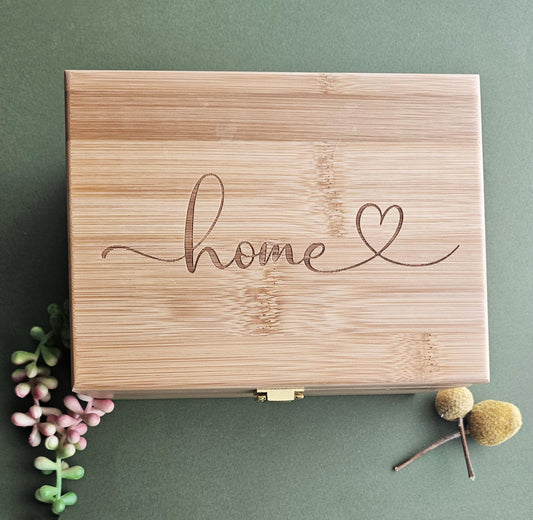 Newfashioned Relics™ Home Keepsake Box – Engraved Bamboo Storage with Gold Hinges