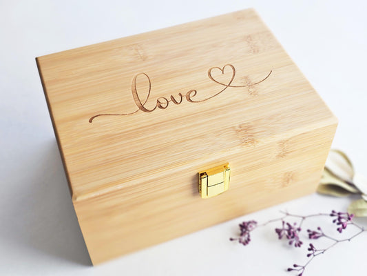 Newfashioned Relics™ Love Keepsake Box – Engraved Bamboo Storage with Gold Hinges