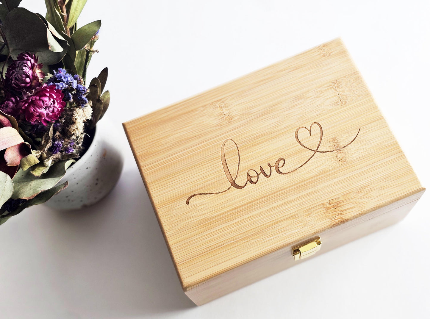 Newfashioned Relics™ Love Keepsake Box – Engraved Bamboo Storage with Gold Hinges