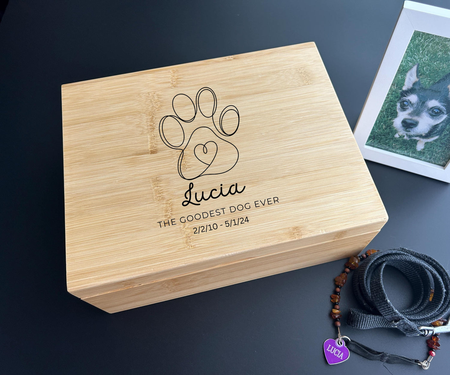 Personalized Dog Memorial Keepsake Box – Wooden Pet Memory Chest | Pine or Bamboo (8x10x4)