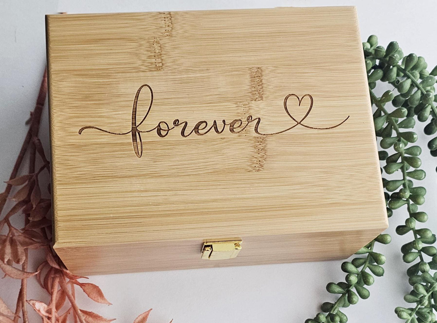 Engraved Bamboo Keepsake Box: Love, Home, Forever - Memory Box optional personalization