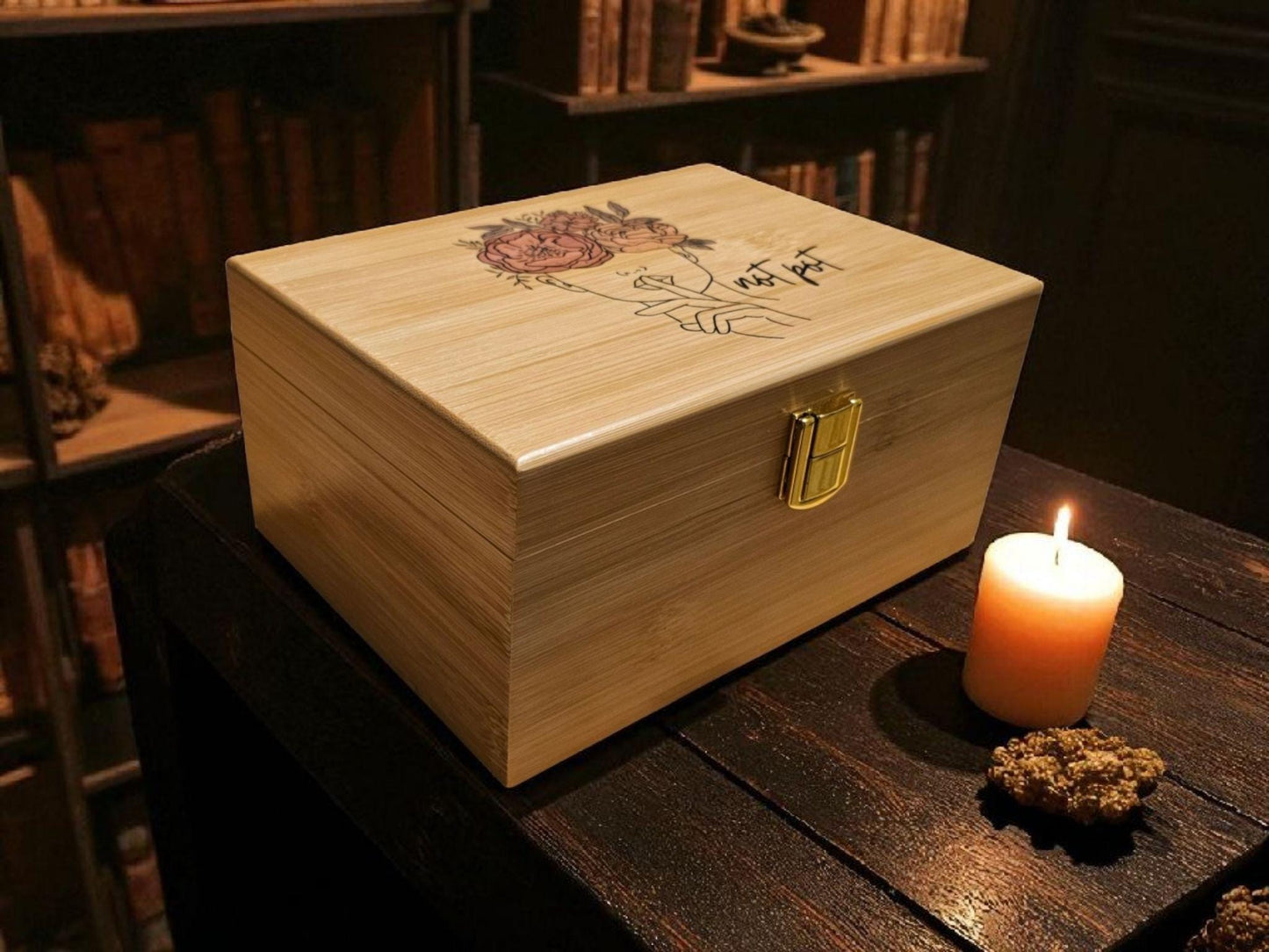 Personalized Flower Lady Keepsake Box: Engraved Wooden Stash Box with Gold Hinges optional personalization