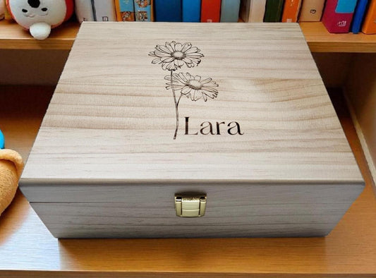 Personalized Birth Flower Keepsake Box: Engraved Pine Wood Memory Box