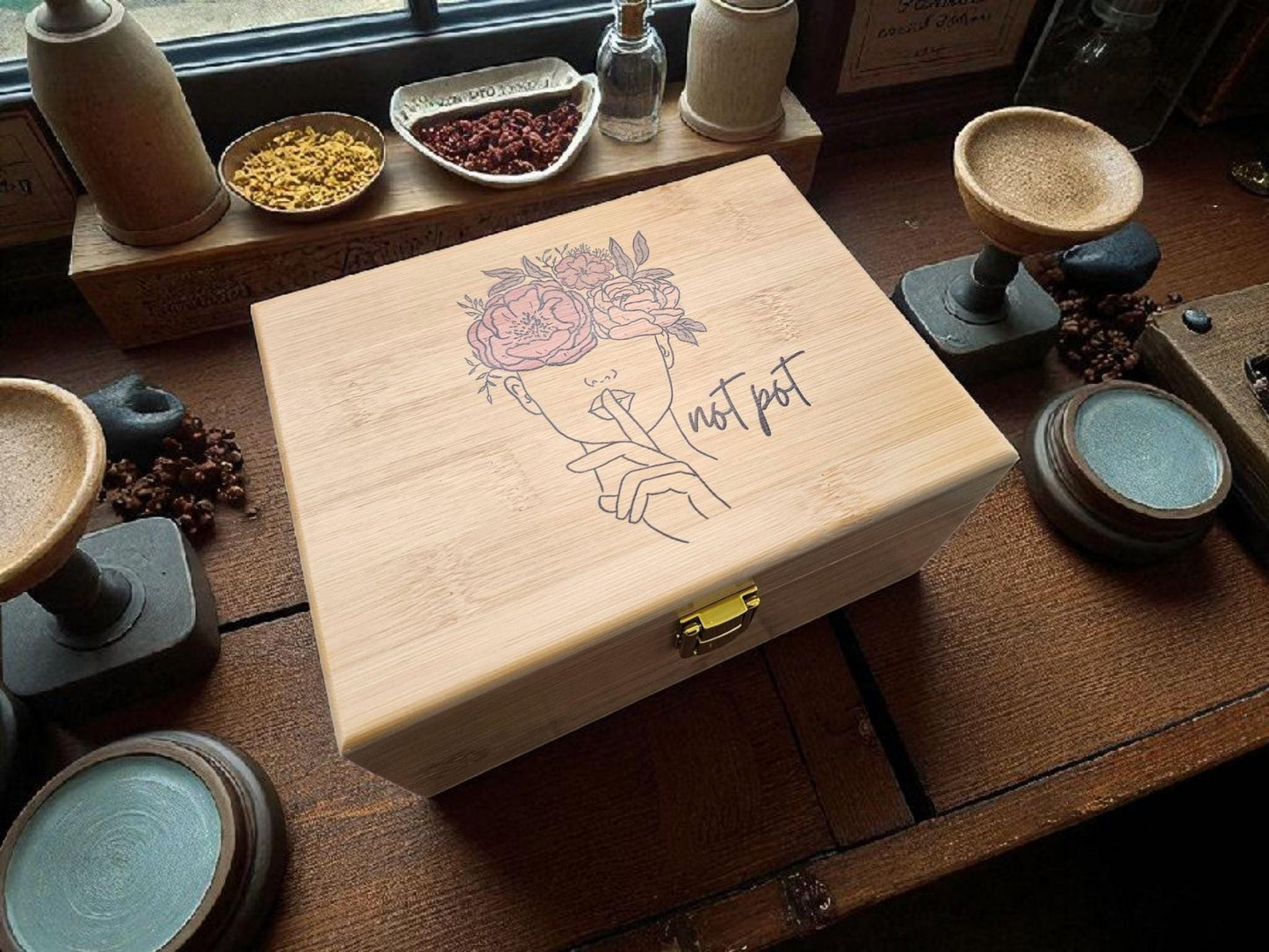 Personalized Flower Lady Keepsake Box: Engraved Wooden Stash Box with Gold Hinges optional personalization