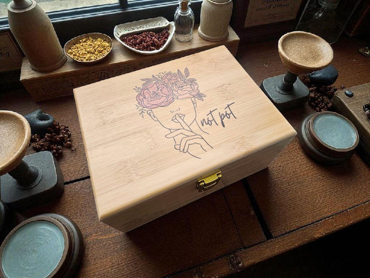 Personalized Flower Lady Keepsake Box: Engraved Wooden Stash Box with Gold Hinges optional personalization