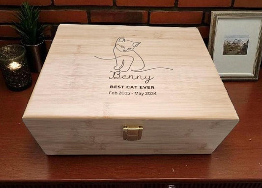 Personalized Cat Memorial Keepsake Box – Wooden Pet Memory Chest | Pine or Bamboo (8x10x4)