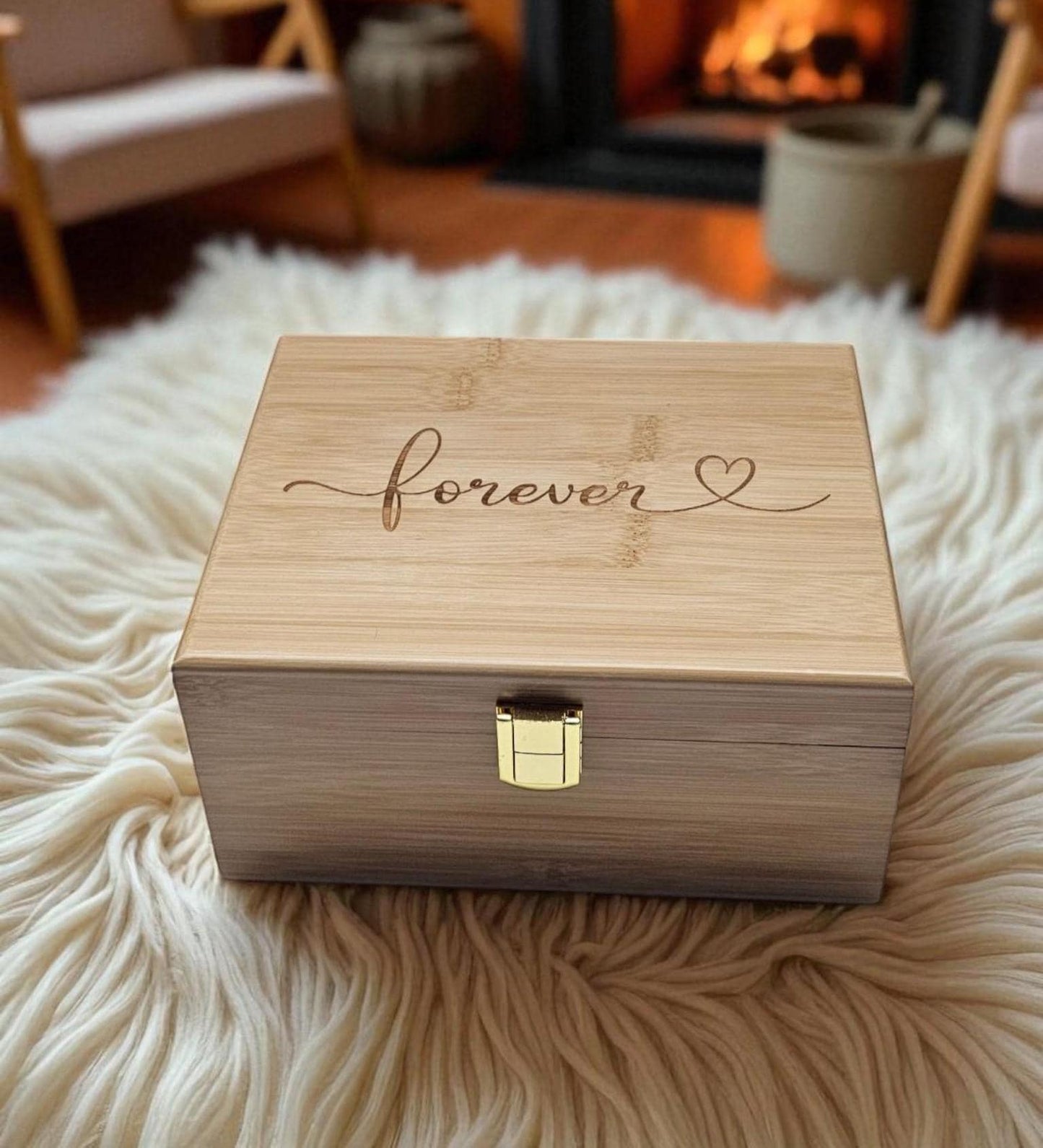 Engraved Bamboo Keepsake Box: Love, Home, Forever - Memory Box optional personalization