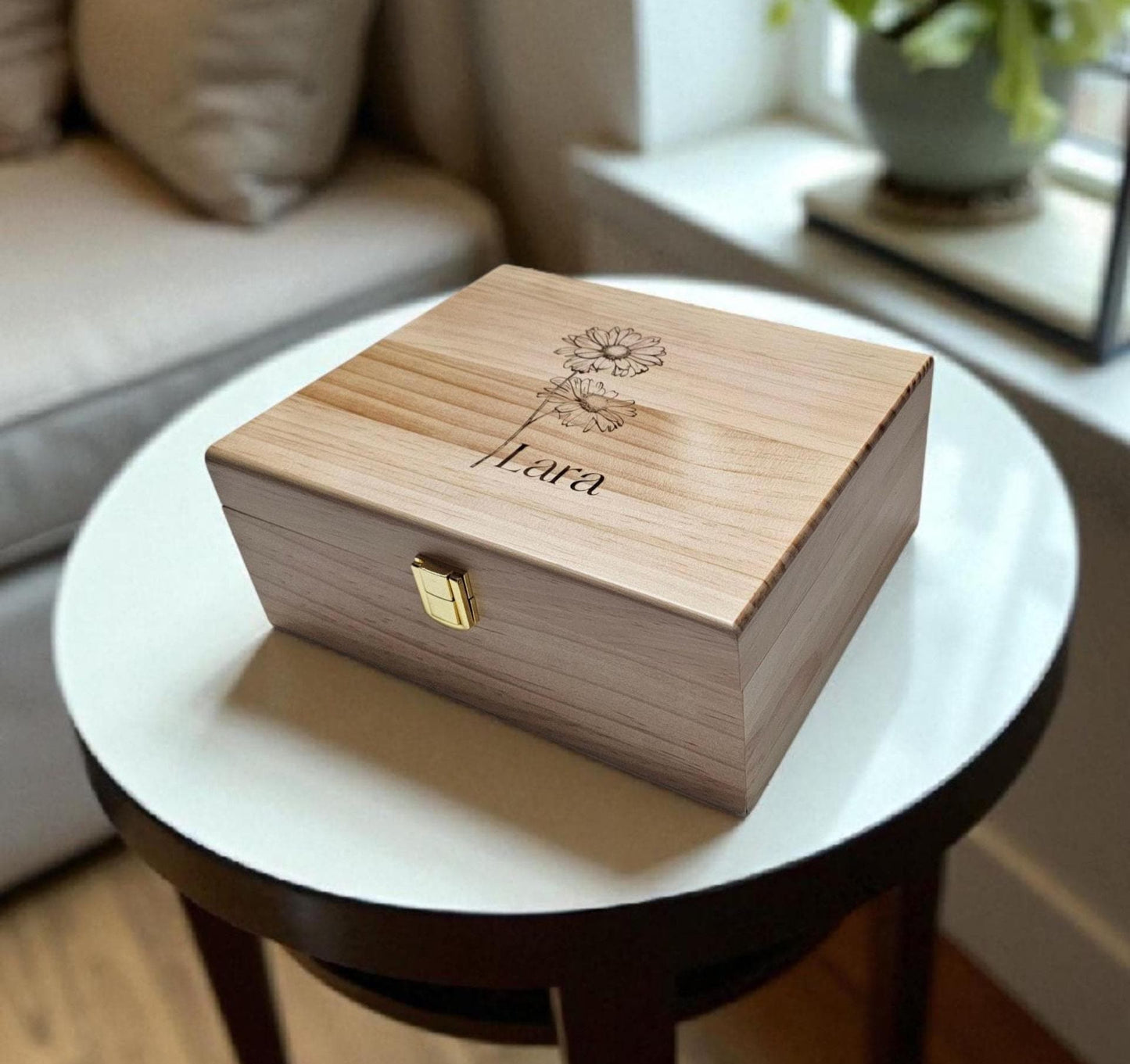 Personalized Birth Flower Keepsake Box: Engraved Pine Wood Memory Box