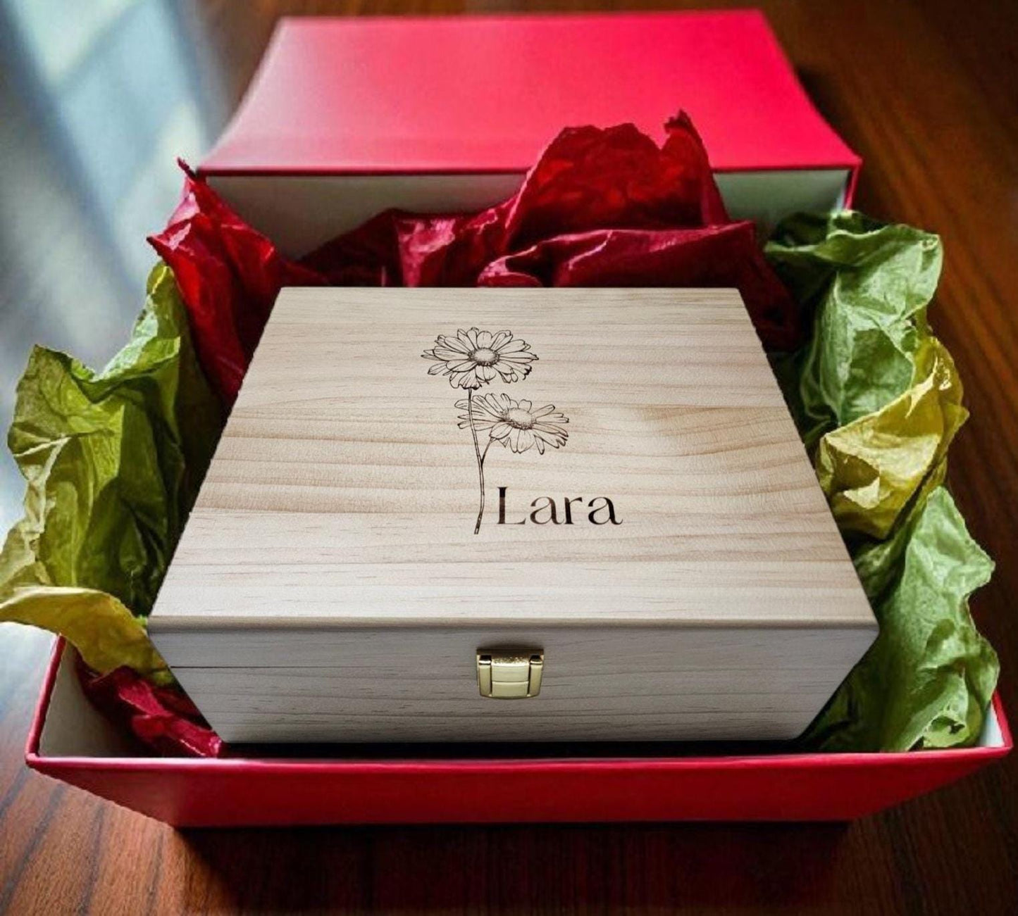 Personalized Birth Flower Keepsake Box: Engraved Pine Wood Memory Box