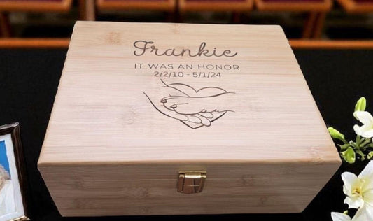 Personalized Dog Memorial Keepsake Box – Wooden Pet Memory Chest | Pine or Bamboo (8x10x4)
