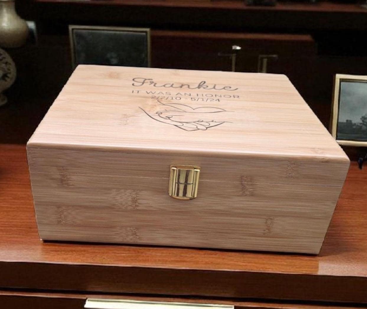 Personalized Dog Memorial Keepsake Box – Wooden Pet Memory Chest | Pine or Bamboo (8x10x4)