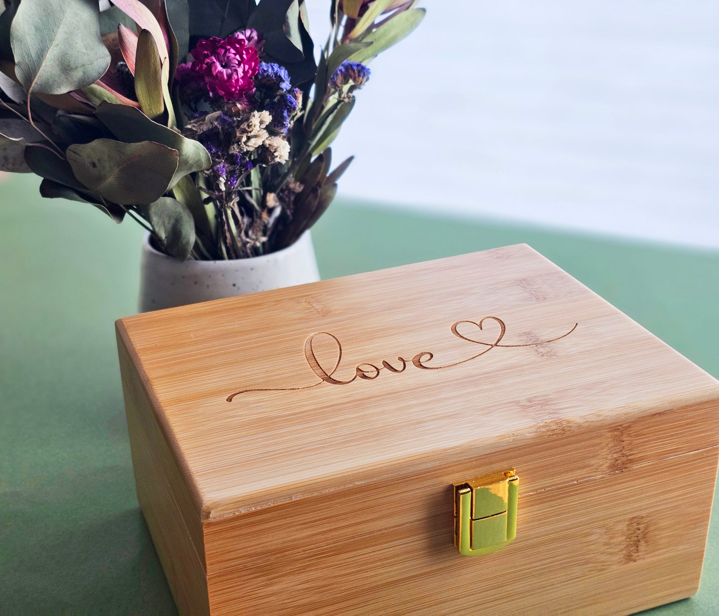 Engraved Bamboo Keepsake Box: Love, Home, Forever - Memory Box optional personalization