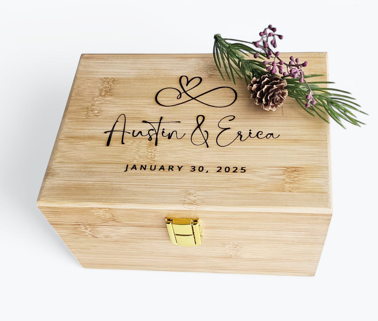 Personalized Wooden Wedding Box: Engraved Memory and Keepsake Box 8x10x4 inches Pine or Bamboo